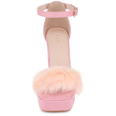 Women's Platform Ankle Strap Faux Fur Square Toe Chunky Heels Sandals