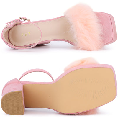 Women's Platform Ankle Strap Faux Fur Square Toe Chunky Heels Sandals