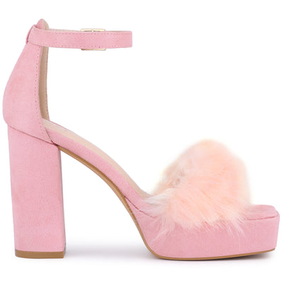 Women's Platform Ankle Strap Faux Fur Square Toe Chunky Heels Sandals