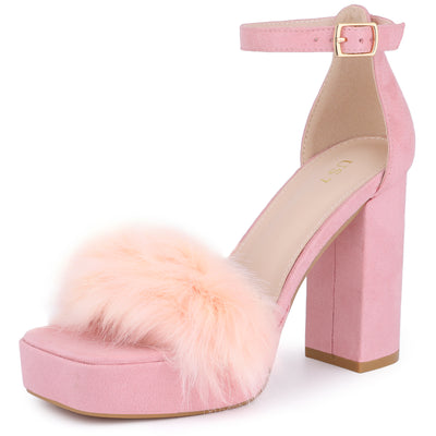 Women's Platform Ankle Strap Faux Fur Square Toe Chunky Heels Sandals