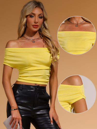 Off Shoulder Short Sleeve Ruched Cropped Tops