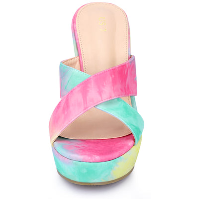 Women's Platform Slip on Tie Dyed Strap Wedge Heels Sandals