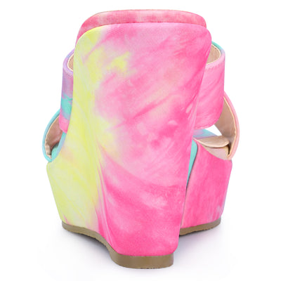 Women's Platform Slip on Tie Dyed Strap Wedge Heels Sandals