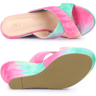 Women's Platform Slip on Tie Dyed Strap Wedge Heels Sandals