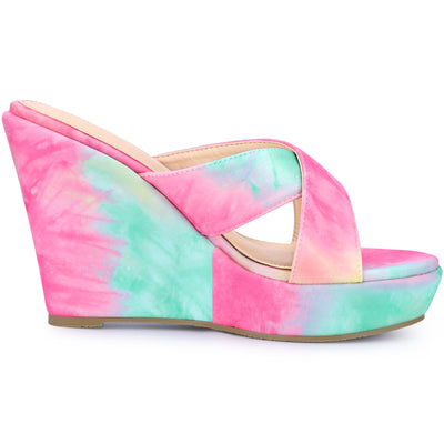 Women's Platform Slip on Tie Dyed Strap Wedge Heels Sandals