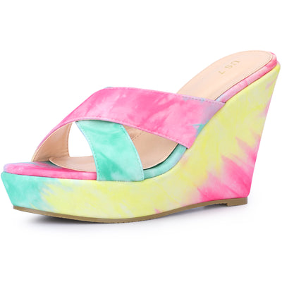 Women's Platform Slip on Tie Dyed Strap Wedge Heels Sandals