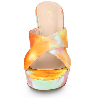 Women's Platform Slip on Tie Dyed Strap Wedge Heels Sandals