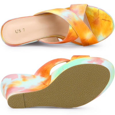 Women's Platform Slip on Tie Dyed Strap Wedge Heels Sandals