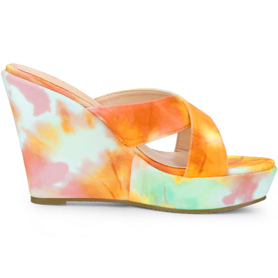 Women's Platform Slip on Tie Dyed Strap Wedge Heels Sandals