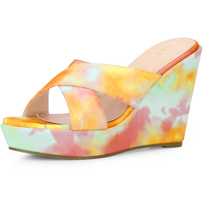 Women's Platform Slip on Tie Dyed Strap Wedge Heels Sandals