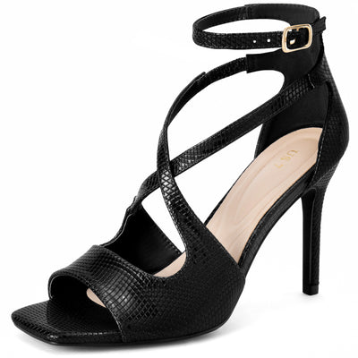 Women's Patent Leather Ankle Strap Squared Toe Stiletto Heel Sandals