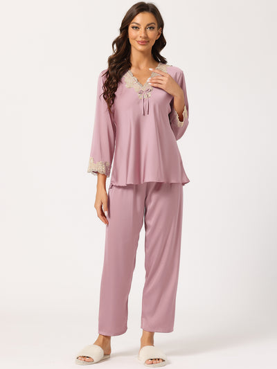 Satin Sleepwear Night Suit V Neck Lace Nightwear Lounge Pajama Set