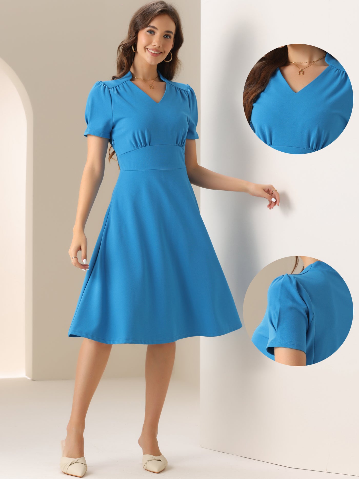 Allegra K Puff Short Sleeve V Neck A-Line Midi Dress