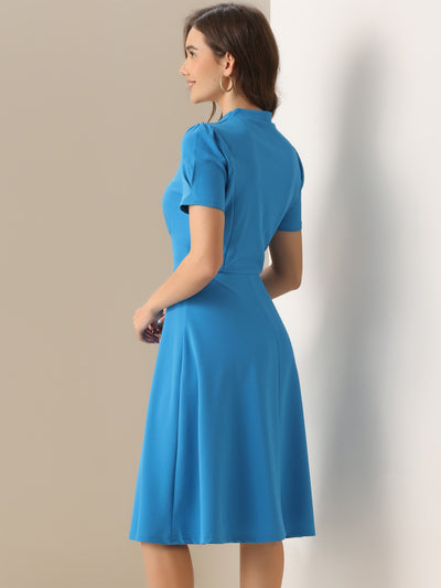 Puff Short Sleeve V Neck A-Line Midi Dress