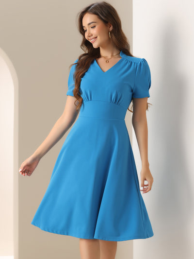 Puff Short Sleeve V Neck A-Line Midi Dress