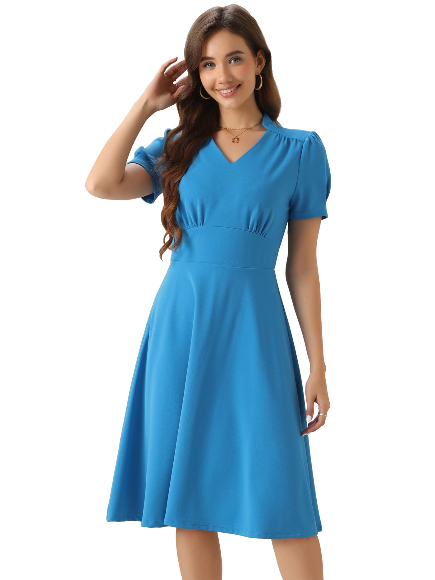 Allegra K Puff Short Sleeve V Neck A-Line Midi Dress