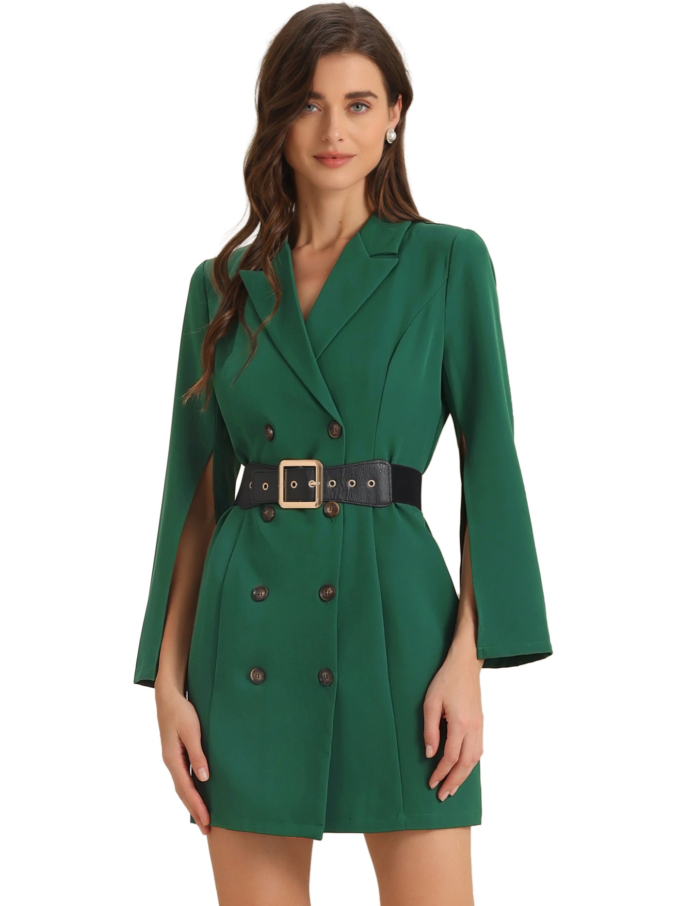 Allegra K Elegant Slit Sleeve Belted Double Breasted Work Office Blazer Dress