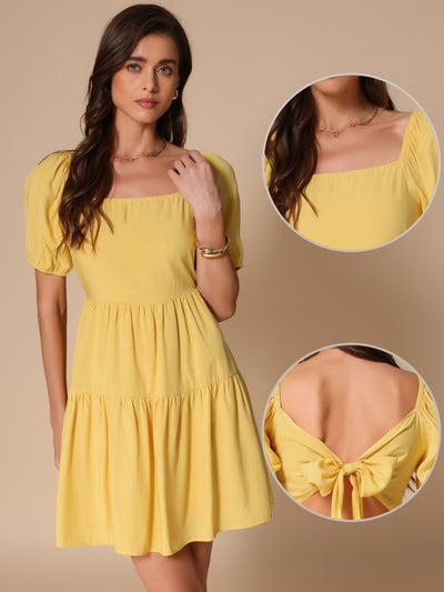 Square Neck Puff Sleeve Back Bow Tiered Mini Dress