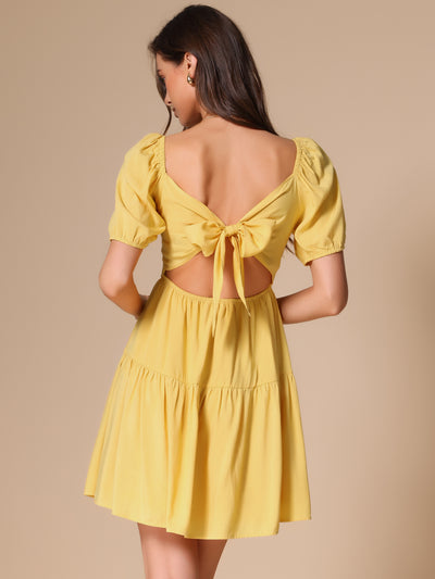 Square Neck Puff Sleeve Back Bow Tiered Mini Dress