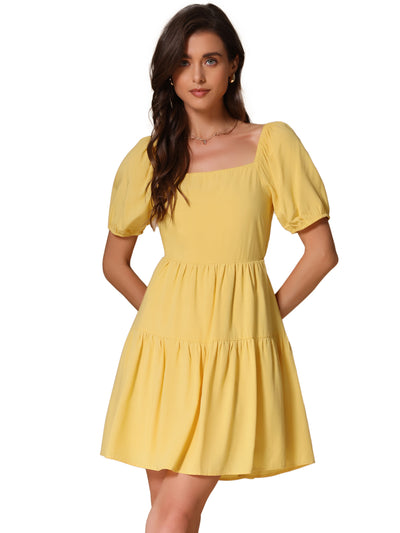 Square Neck Puff Sleeve Back Bow Tiered Mini Dress