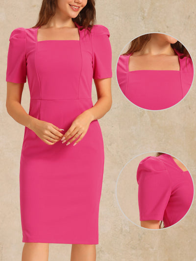 Square Neck Puff Sleeve Rear Slit Business Casual Midi Sheath Dress