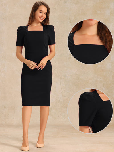 Square Neck Puff Sleeve Rear Slit Business Casual Midi Sheath Dress