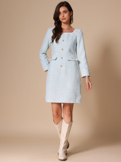 Tweed Square Neck Long Sleeve Pockets Plaid Mini Dress