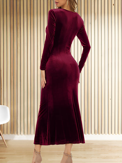 Velvet Ruched Long Sleeves Bodycon Fishtail Maxi Dress