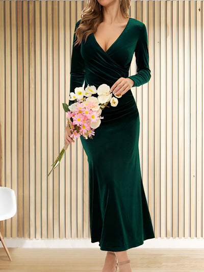 Velvet Ruched Long Sleeves Bodycon Fishtail Maxi Dress