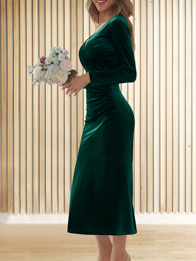 Velvet Ruched Long Sleeves Bodycon Fishtail Maxi Dress