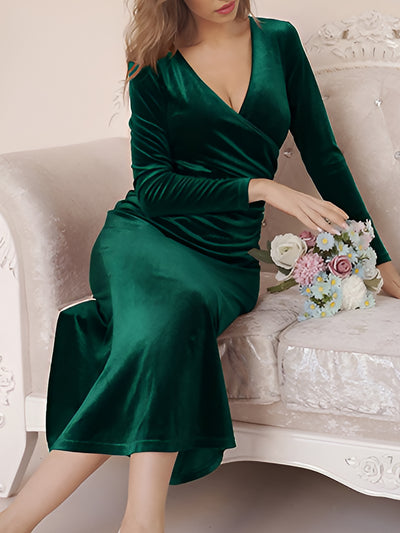 Velvet Ruched Long Sleeves Bodycon Fishtail Maxi Dress