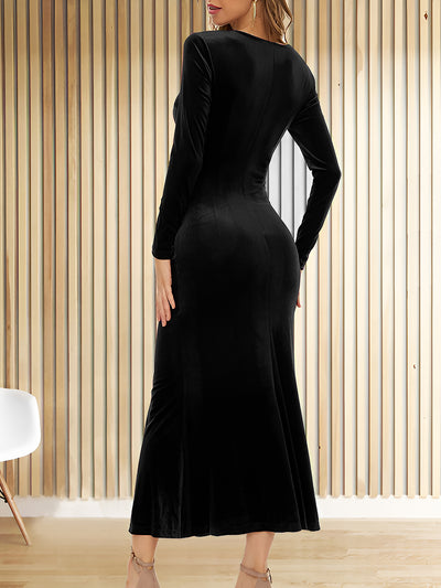 Velvet Ruched Long Sleeves Bodycon Fishtail Maxi Dress