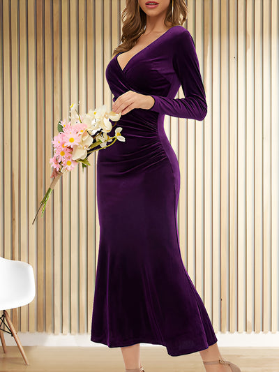 Velvet Ruched Long Sleeves Bodycon Fishtail Maxi Dress