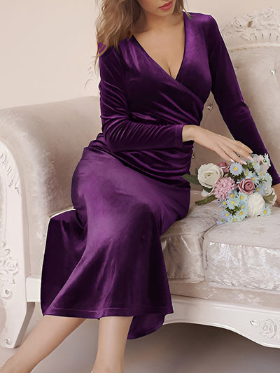 Velvet Ruched Long Sleeves Bodycon Fishtail Maxi Dress