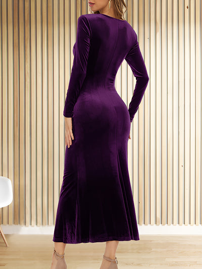 Velvet Ruched Long Sleeves Bodycon Fishtail Maxi Dress