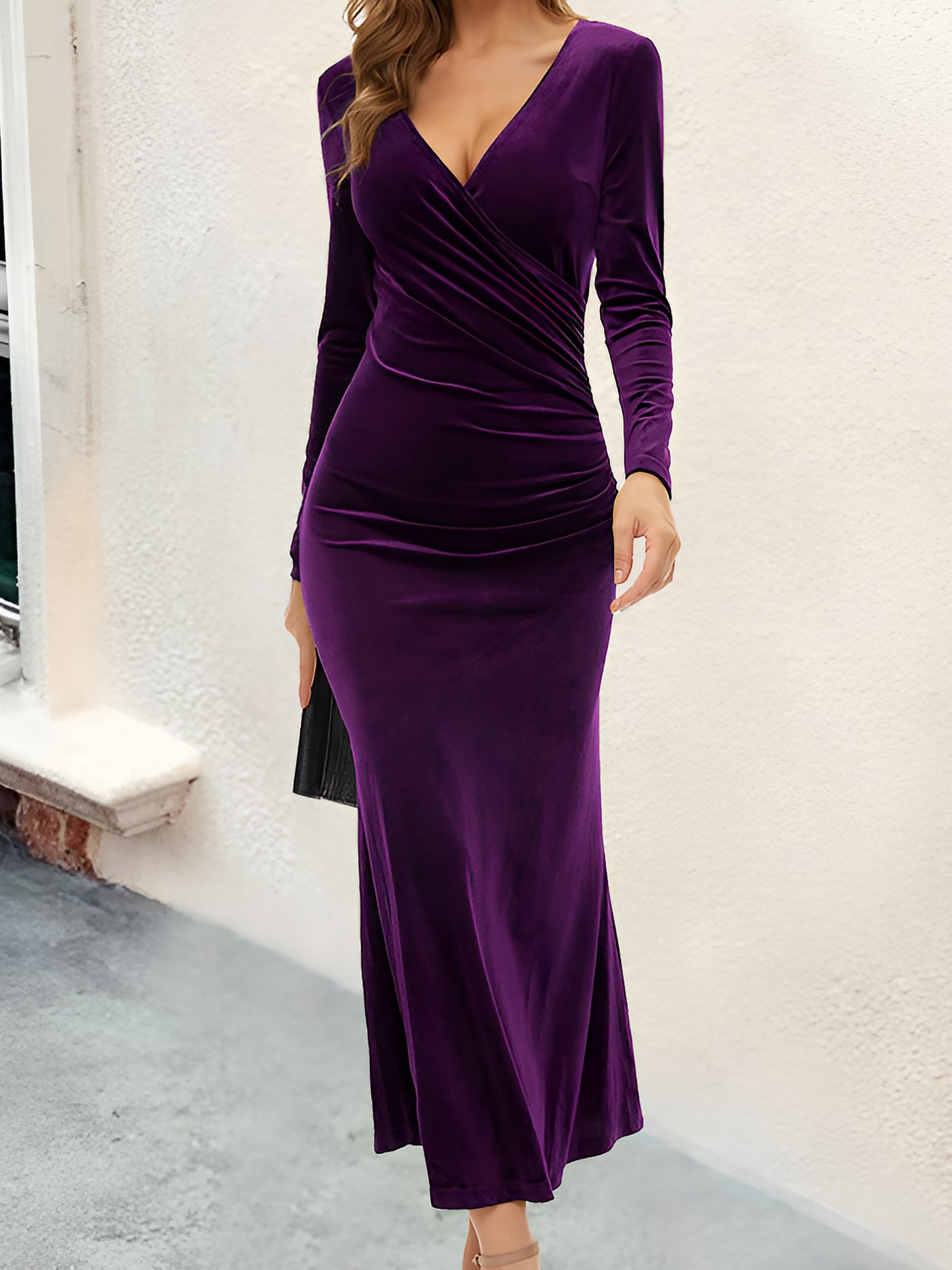 Allegra K Velvet Ruched Long Sleeves Bodycon Fishtail Maxi Dress