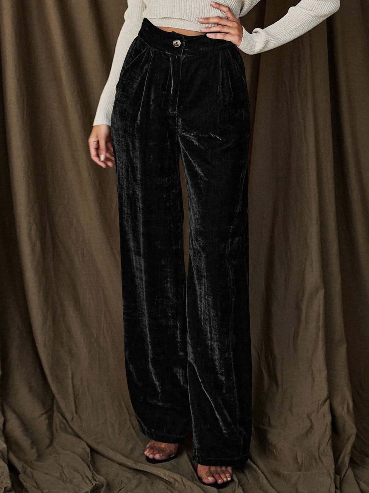 Allegra K Velvet Straight Loose Fit Wide Leg Trousers Pants