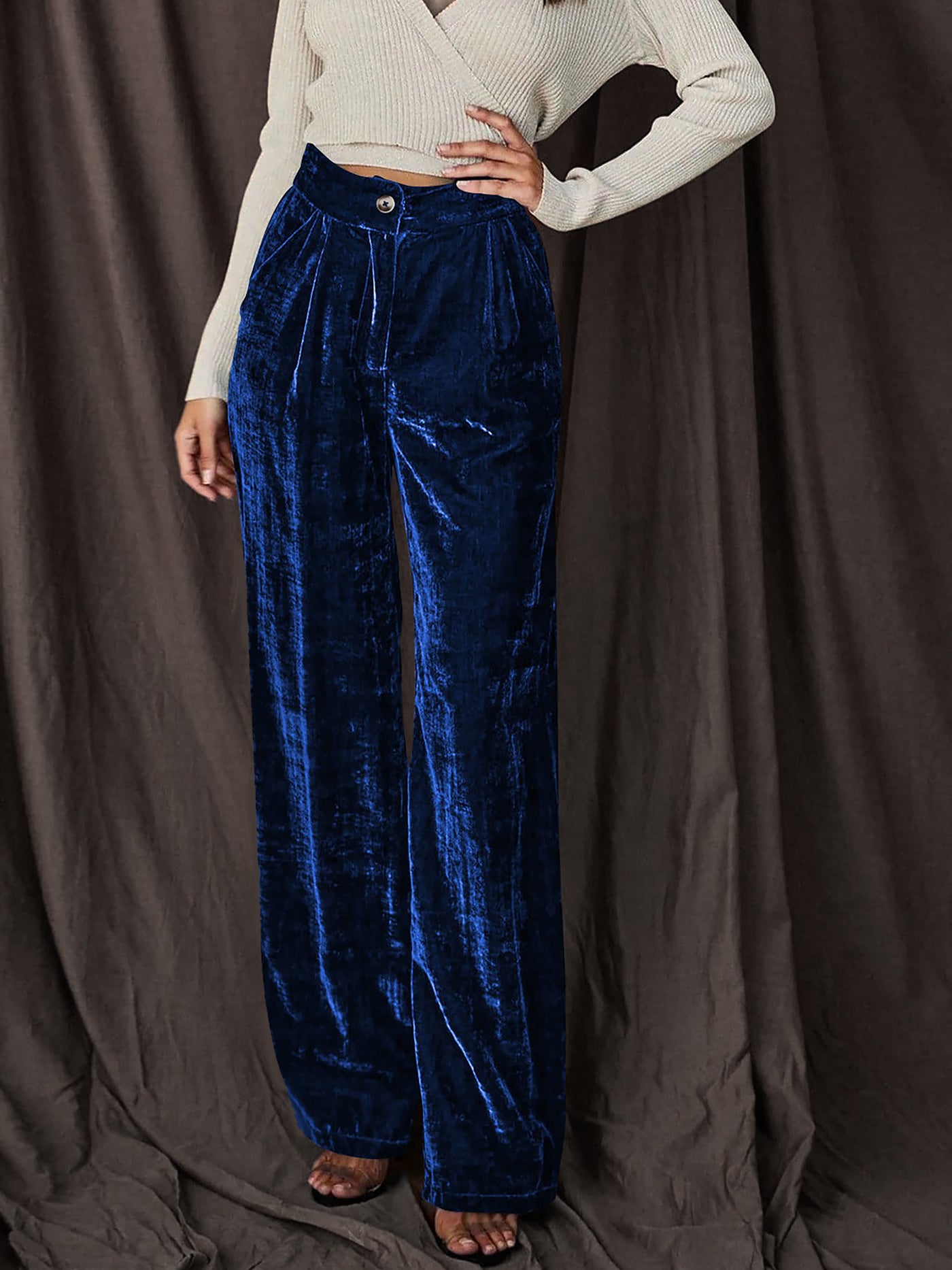 Allegra K Velvet Straight Loose Fit Wide Leg Trousers Pants