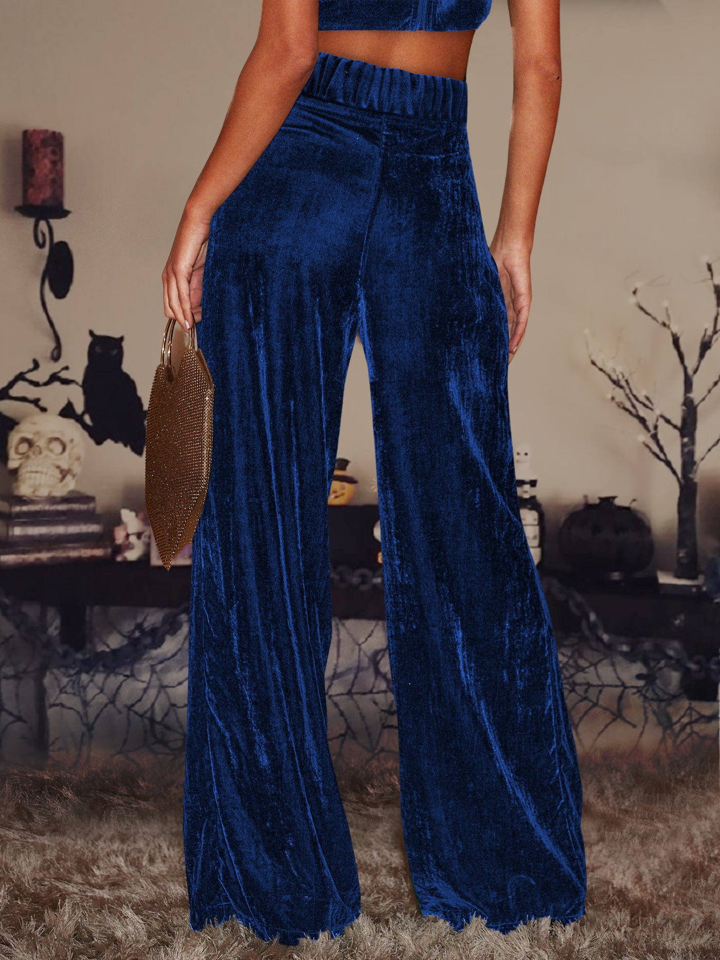 Allegra K Velvet Straight Loose Fit Wide Leg Trousers Pants