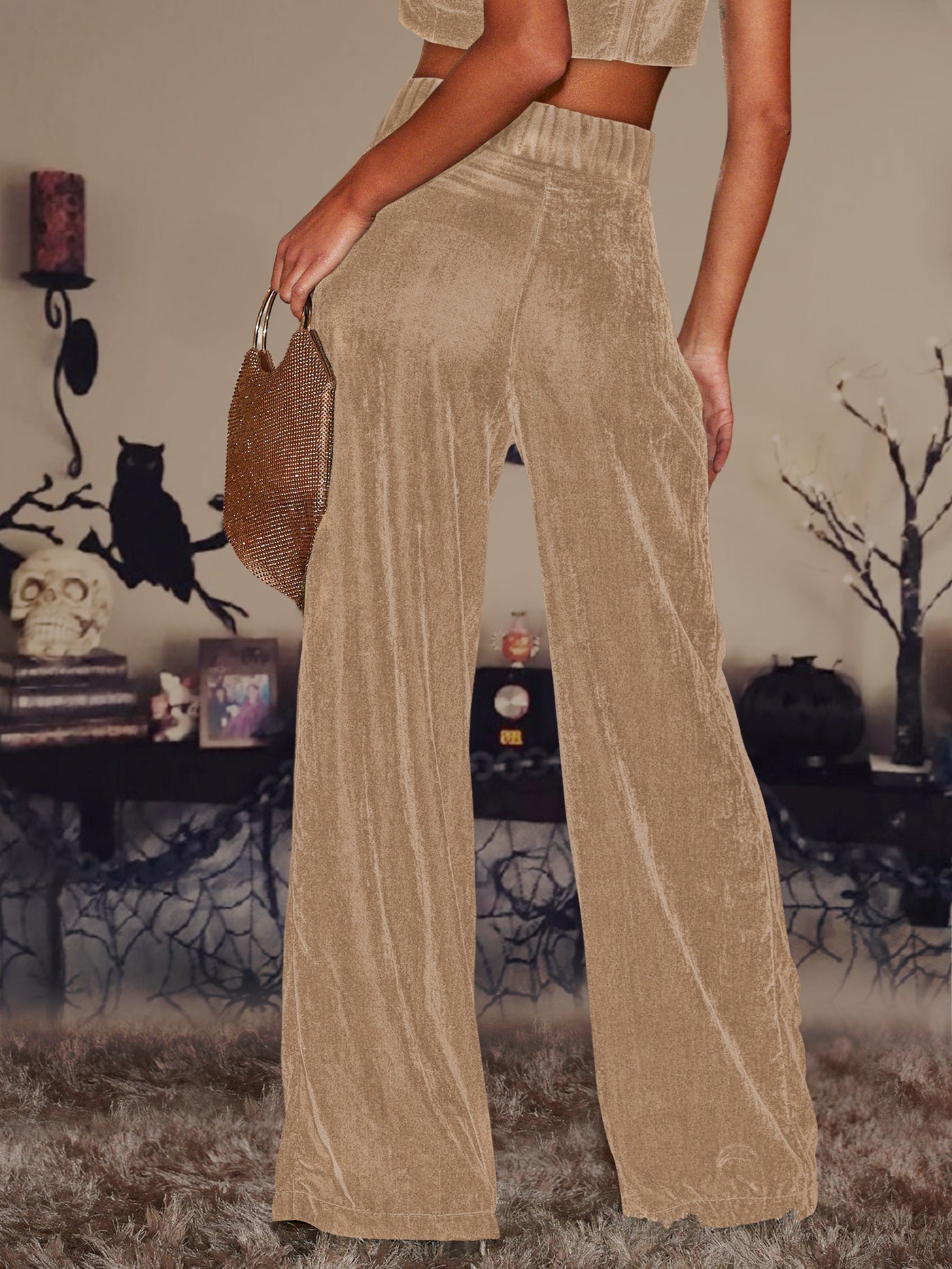 Allegra K Velvet Straight Loose Fit Wide Leg Trousers Pants