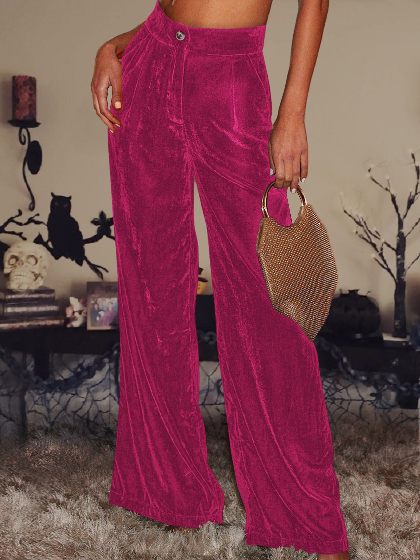 Allegra K Velvet Straight Loose Fit Wide Leg Trousers Pants