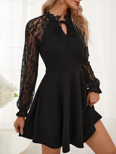 Lace Sheer Patchwork Long Sleeves A-Line Mini Dress