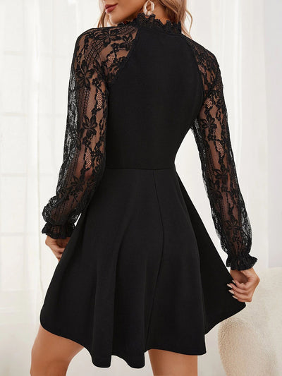 Lace Sheer Patchwork Long Sleeves A-Line Mini Dress