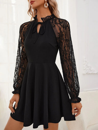 Lace Sheer Patchwork Long Sleeves A-Line Mini Dress