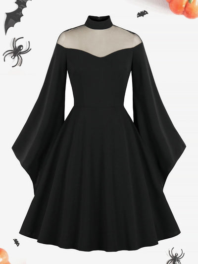 Halloween Mesh Illusion Neck Bell Sleeve Patchwork Midi Dress