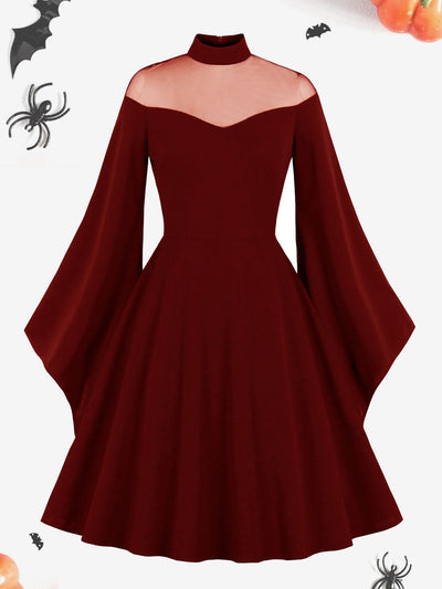 Halloween Mesh Illusion Neck Bell Sleeve Patchwork Midi Dress