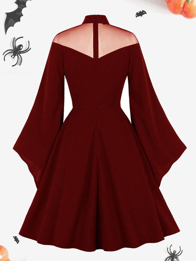 Halloween Mesh Illusion Neck Bell Sleeve Patchwork Midi Dress