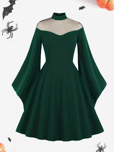 Halloween Mesh Illusion Neck Bell Sleeve Patchwork Midi Dress