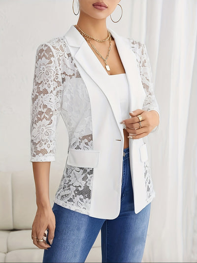 Lace Sheer 3/4 Sleeves Notched Lapel One Button Blazer