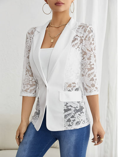 Lace Sheer 3/4 Sleeves Notched Lapel One Button Blazer